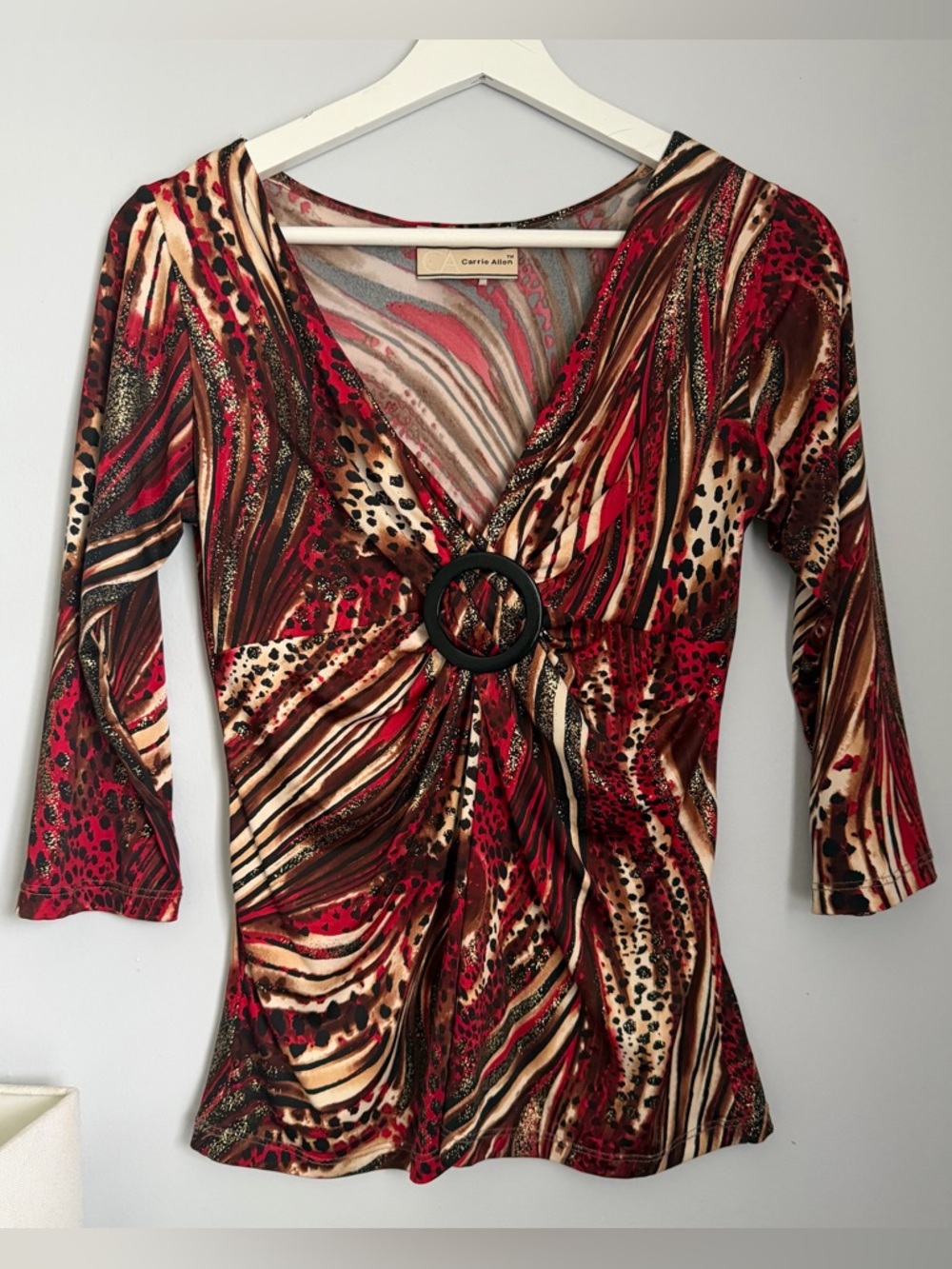Red Animal-Print V-Neck Tunic with Decorative Ring